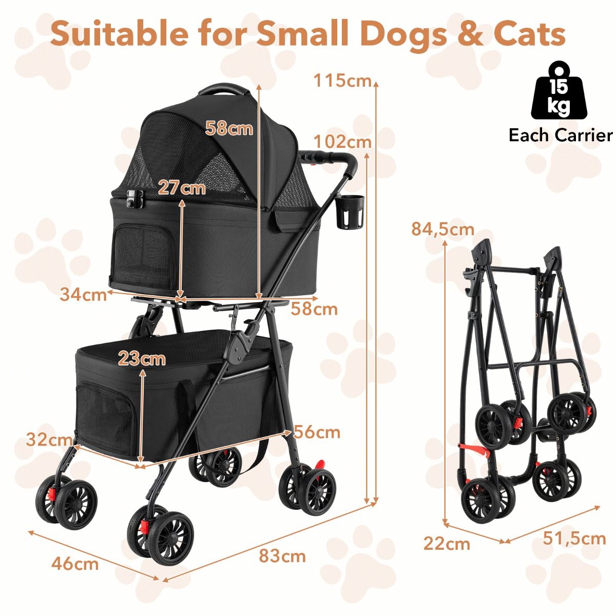 Coast Opvouwbare Dubbele Huisdierenwagen - 3-in-1 met afneembare transportboxen - terreinwielen - black