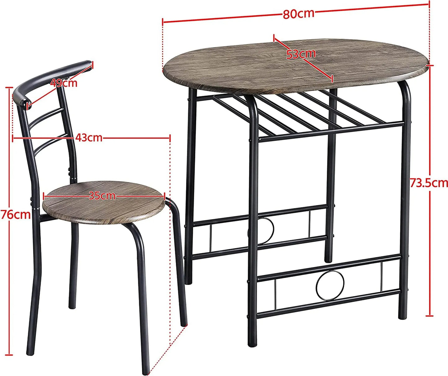 Yaheetech Eethoek Set Van 3 – Voorzien Van Tafel Met 2 Stoelen En Verstelbare Opbergplank En Waterafstotende Coating – Voor Keuken En Eetkamer – Drijfhoutbruin Metaal En MDF – 80 x 53 x 73,5 cm