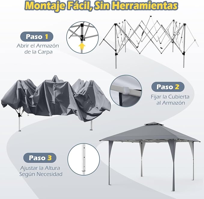 Coast Opvouwbare Partytent 3,95 × 3,95 m – Pop-Up Paviljoen met Ventilatiedak, 3 Hoogtestanden, UV-Bescherming & Draagtas – Grijs