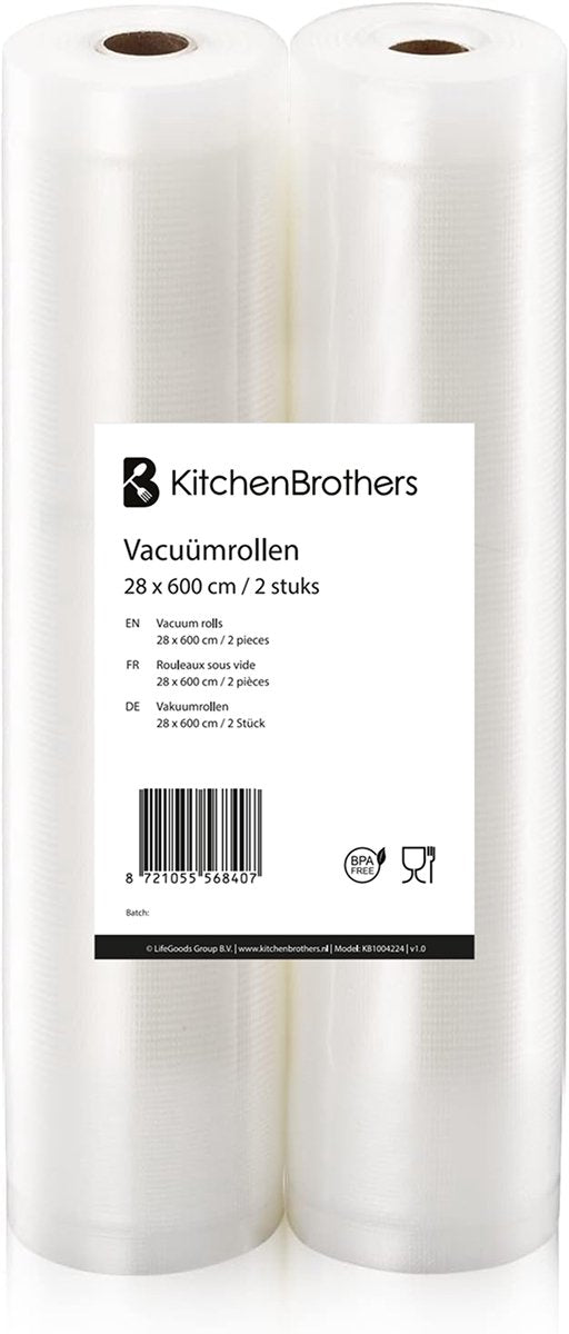KitchenBrothers Vacumeerrollen 2 Stuks – 28x600cm – BPA-vrij – Voor Vacuümmachine & Sous-Vide – Universeel & Sterk Voedselverpakking