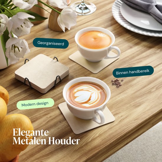 Castagnola Kunstlederen Onderzetters – Onderzetters voor Glazen – Design Onderzetters met Houder – Leren Onderzettersset met metalen houder – Leder – Set van 10 - Offwhite - 10x10cm