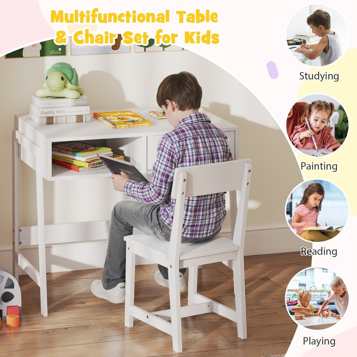 Coast Kinderbureau met stoel - met lade en plank - ergonomisch ontwerp - wit