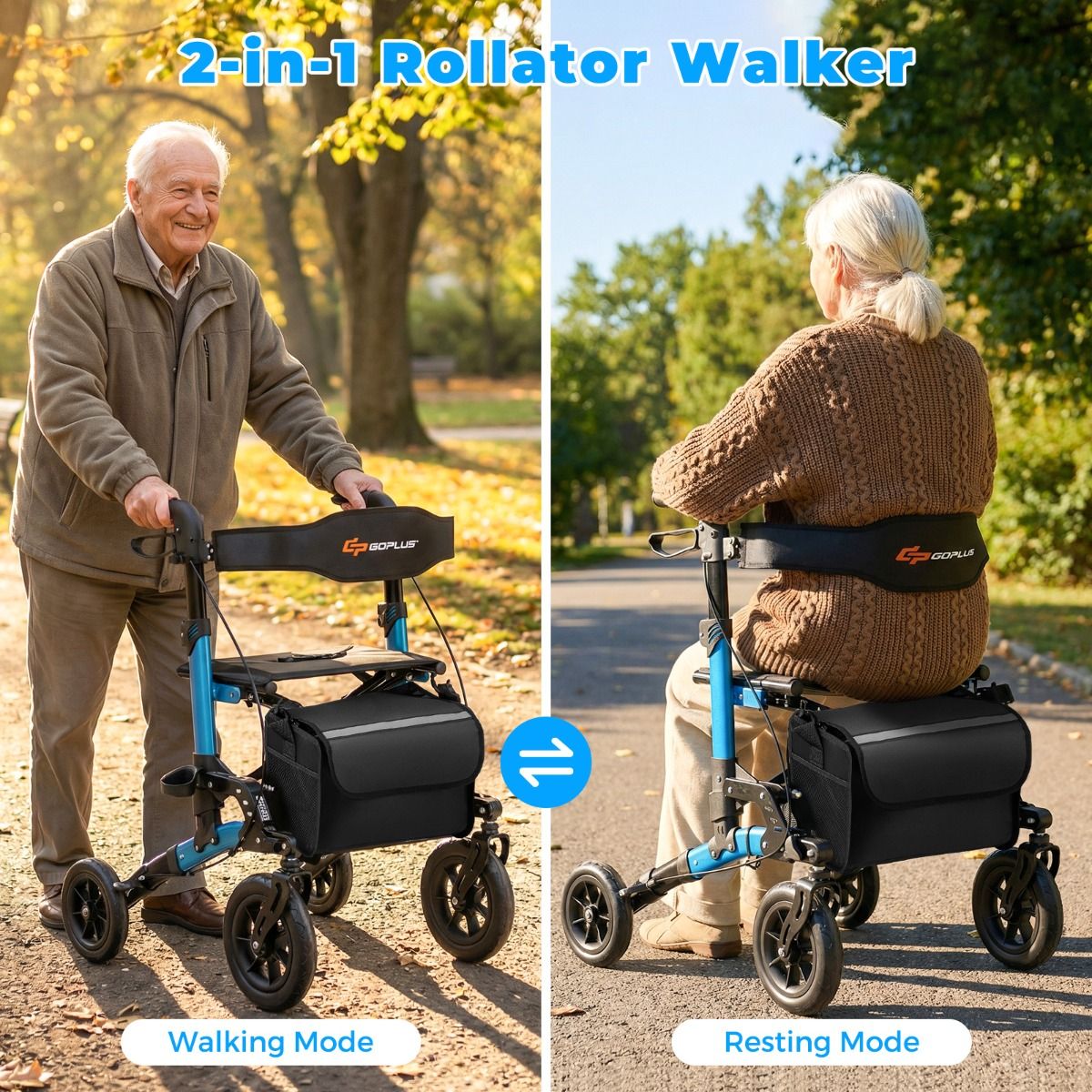 Coast Opvouwbare Rollator voor Senioren - Zitje met netrugleuning - Grote wielen en stokhouder - blauw
