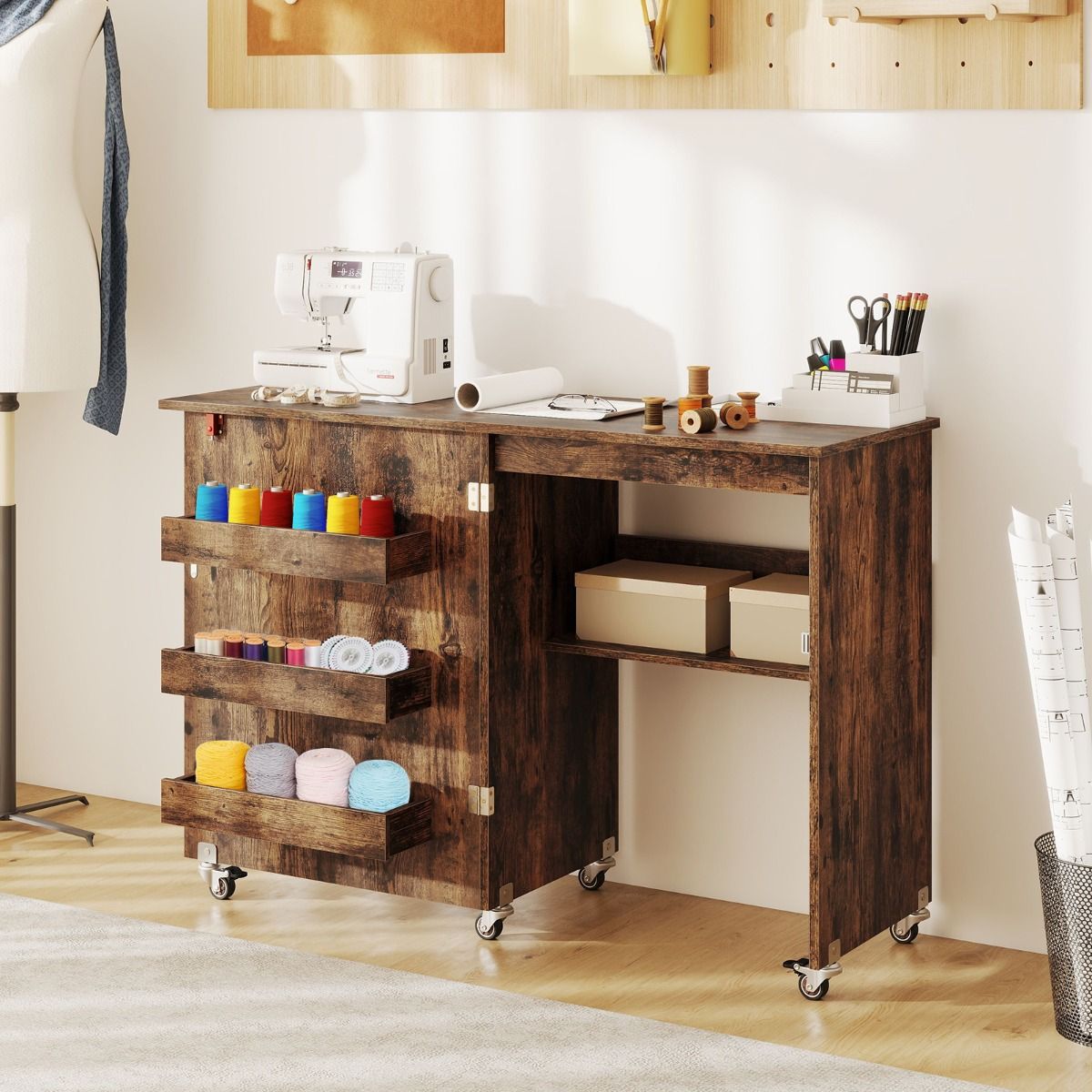 Coast Opvouwbare Naaitafel - Mobiel Knutselstation - Met Opbergrek en Verborgen Opbergvakken - Groen 118,5 x 40 x 79,5 cm