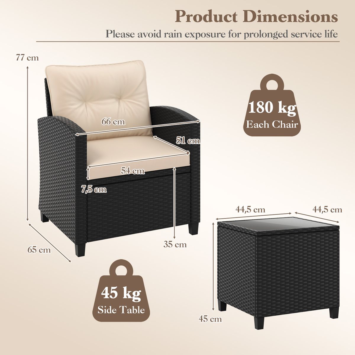 Coast 3-delige loungeset van rotan - met zit- en rugkussens - bijzettafel - beige