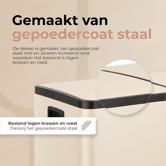 O'DADDY® Prullenbak – Afvalbak - Prullenbak 60 liter - Pedaalemmer – Vuilnisbak - Prullenbak 2 vakken - Prullenbak afvalscheiding – Afvalbak afvalscheiding - 2 Binnen emmers - Soft-Close - Inclusief 15 Afvalzakken - Beige