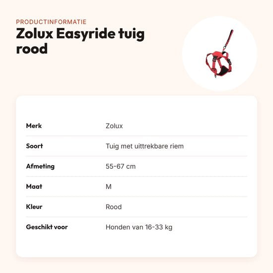 ZOLUX Easyride Rood Hondentuigje met Automatische Lijn - Maat M