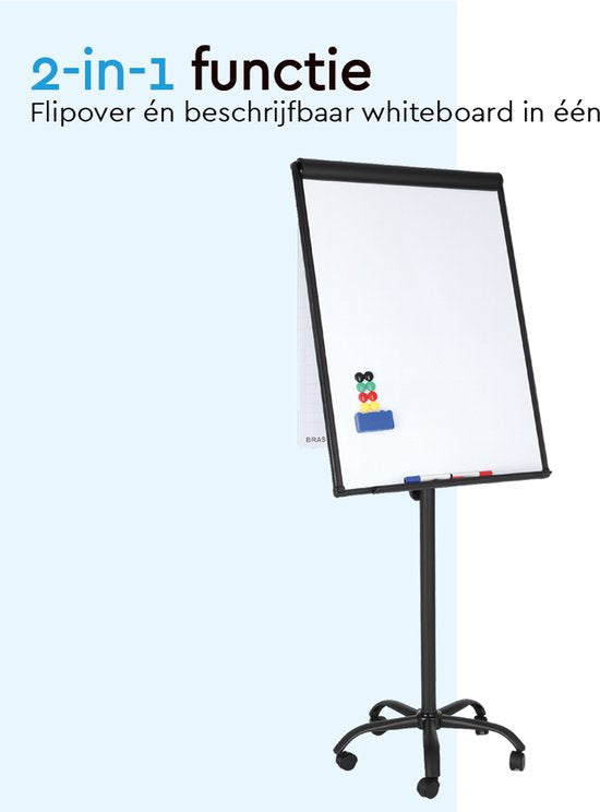 BRASQ Flipover Verrijdbaar - 70x100 cm - Verstelbaar Whiteboard - Inclusief 25 vellen papier, 4 Stiften, 8 Magneten, Wisser - Flipover met Papierklem en Haken - Magnetisch bord - Magneetbord - Zwart