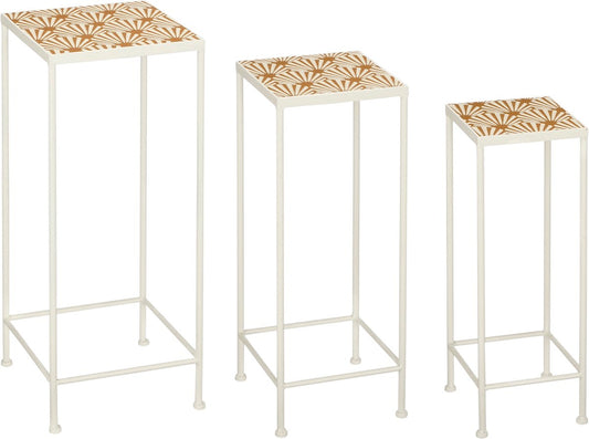 Mica Decorations Odile Bijzettafel Set van 3 – Metaal – Bruin/Wit – 28x28x67 cm, 24x24x61 cm, 20x20x55 cm