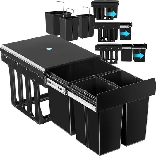tectake® Afvalverzamelaar - Inbouw vuilnisbak - Meervoudige afvalscheiding - Efficiënte opruimoplossing voor keuken en kantoor - Driedubbele prullenbak met telescooprails - 2x 8L + 1x 15L
