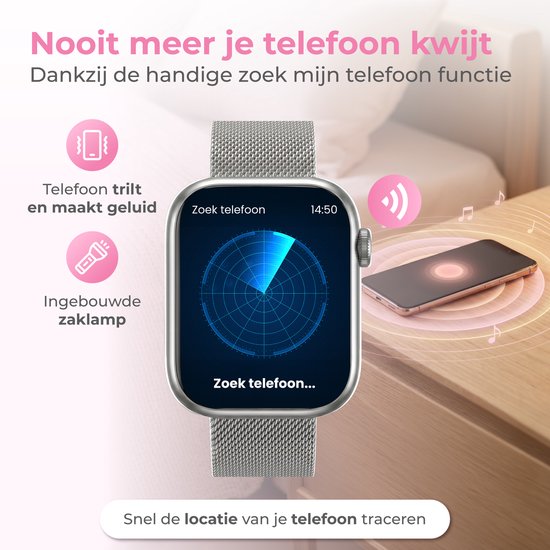 Nuvance Smartwatch Dames - Smartwatch Heren - Stappenteller Horloge Dames - Hartslagmeter - Sporthorloge - Geschikt voor iOS/Android - AMOLED - Incl. 5 Bandjes - Zilver