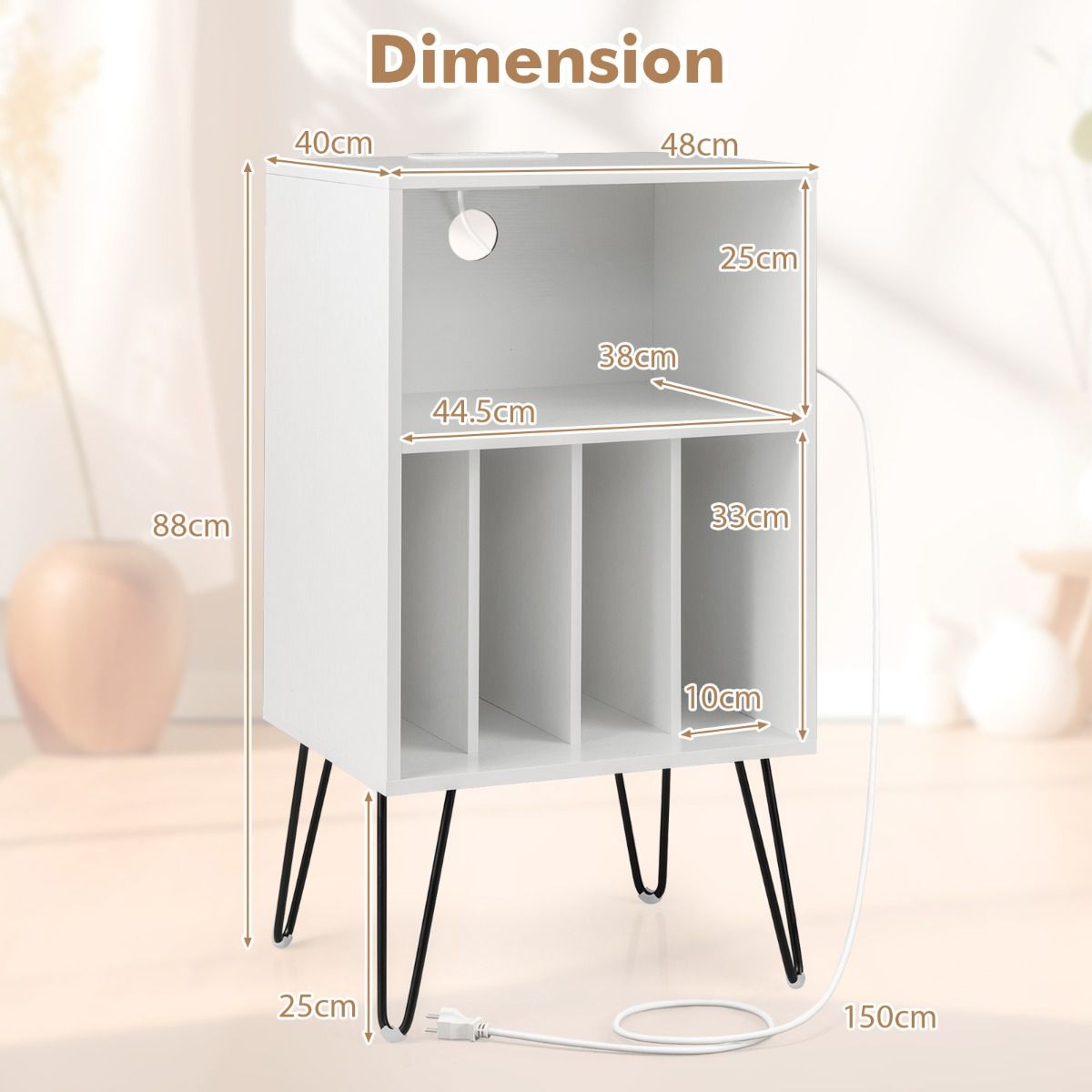 Coast Platenspelerstandaard - 3-laags vinyl opbergtafel - met oplaadstation - wit