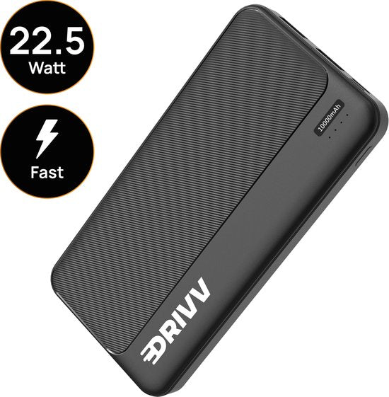 Drivv. Powerbank 10.000 mAh - 22.5W snellader - Fast Charge USB 3.0 - USB C - Geschikt voor Samsung / iPhone / meer - Zwart