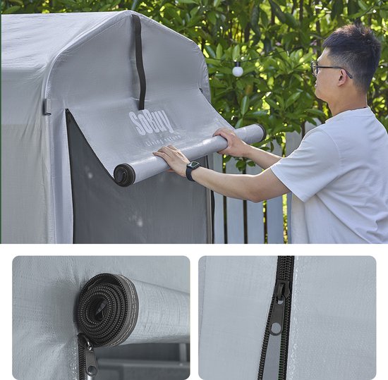 SoBuy Weerbestendig dekzeil voor fietsgarage/gereedschapsschuur, uv-bescherming, regenbescherming, outdoorzeil voor tuin, terras, zilver, 120 x 176 x 163 cm, SDA11-SIL