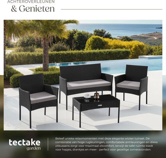tectake® - Wicker tuinset Palese - Zitgroep voor 4 personen - Tuinmeubelset met loungebank, tuintafel en 2 tuinstoelen inclusief zitkussens - Tuinmeubelen - Waterafstotend - Zwart