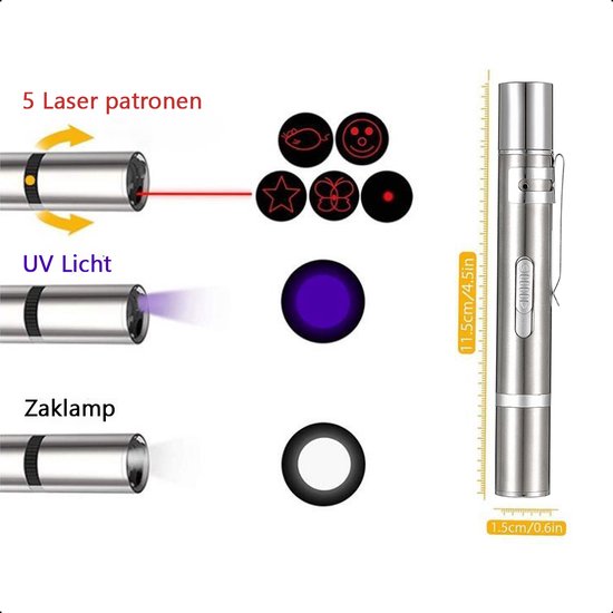 Tech Essentials 7-In1 Laserpen - Rood - Oplaadbaar - Patronen - UV Licht - Laslampje - Laser Kat - Hond - Kattenspeelgoed - Hondenspeelgoed - Puppy - Poes - 2-Pack