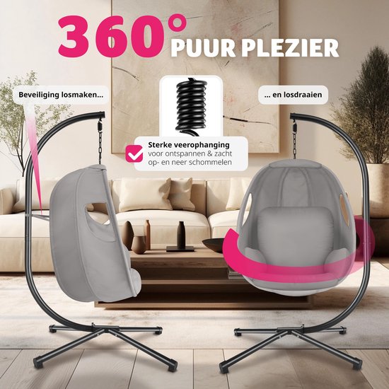 tectake® Hangstoel met frame - Schommelstoel met kussen + rugkussen - Meubels voor woonkamer of slaapkamer - Balkonmeubilair - Binnen of buiten - Tot 160kg - Lichtgrijs