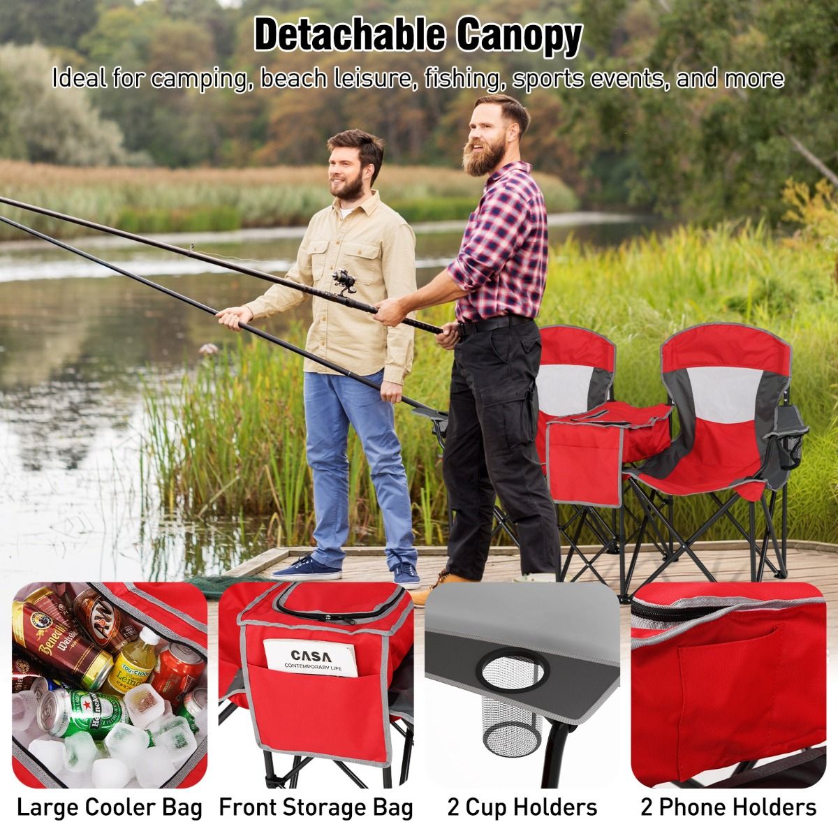 Coast Dubbele Campingstoel - verstelbare zonwering - koeltas en bekerhouders - rood