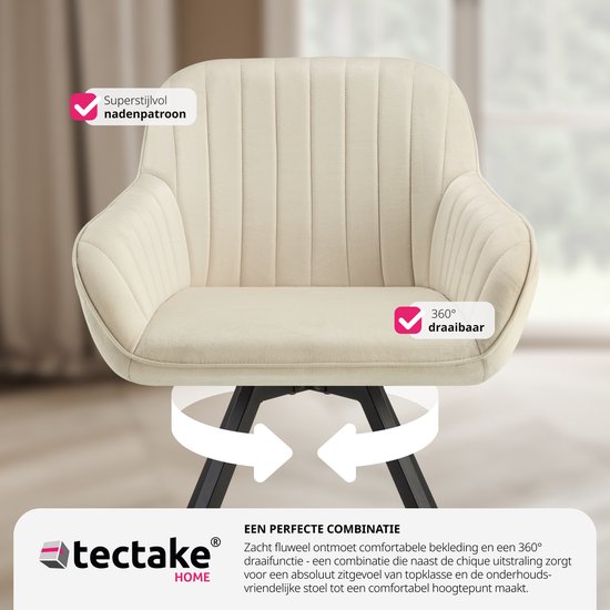 tectake Eetkamerstoel – Draaibaar met Armleuningen & Fluwelen Bekleding – 58 x 58 x 82 cm – Crème