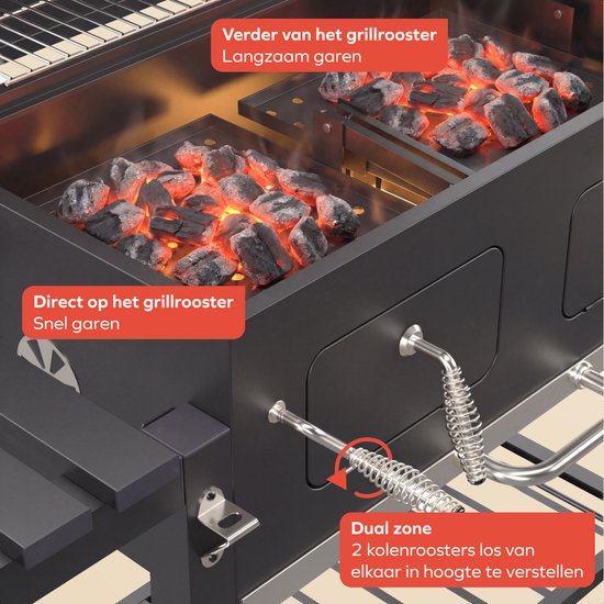 KitchenBrothers Houtskool BBQ XL - Dual Zone Smoker Barbecue - Met Verstelbare Kolenroosters & Inklapbare Zijtafels - PFAS-vrij - 42,3x75,8cm Grilloppervlak - Zwart