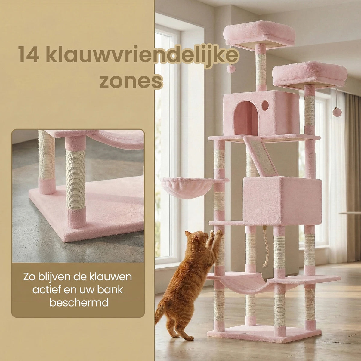 Joyfurnos Krabpaal 206 cm - XXL Kattentoren met 13 Krabstammen, 2 Kattenhuisjes & Hangmat - Roze