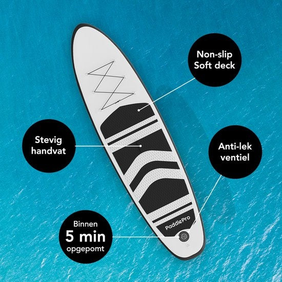 LifeGoods SUP Board - Opblaasbaar Paddle Board - Complete Set - Max. 135KG - 320x81cm - Wit/Zwart