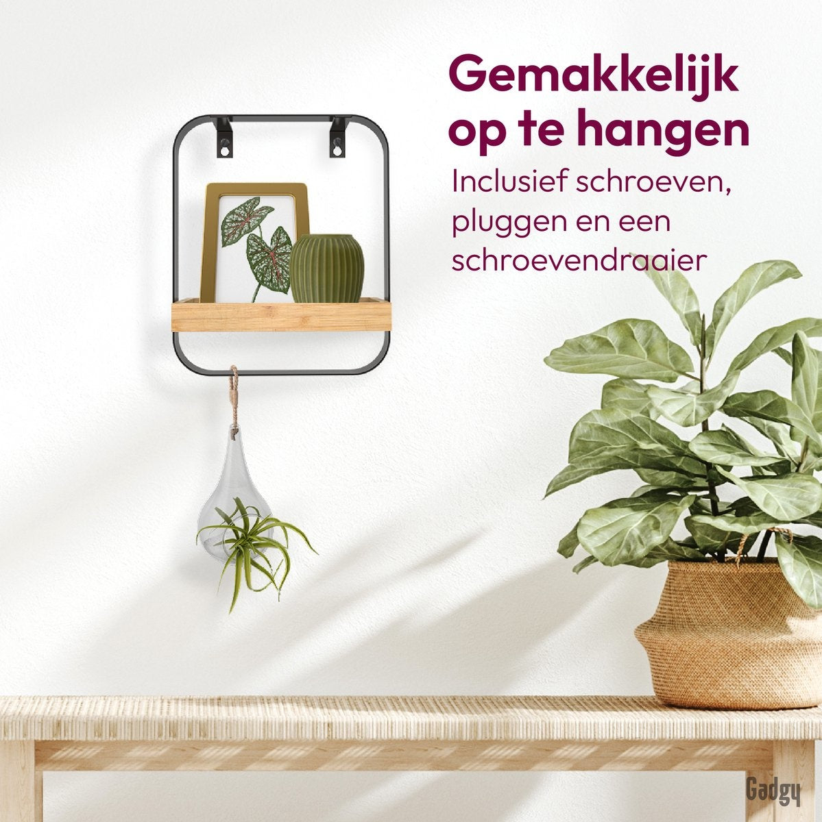 Gadgy Wandplank Metaal Hout Zwart - Wandrek - Wandbox - Wanddecoratie Industrieel - Muurdecoratie - 29x24CM