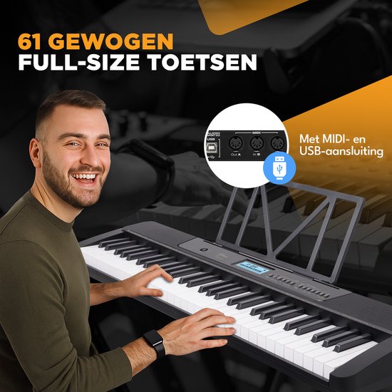 Finesse Keyboard Piano - Statief & Accessoires - 61 Keys - MIDI - Digitale Piano - Elektrische Piano - Kind - Zwart/Wit