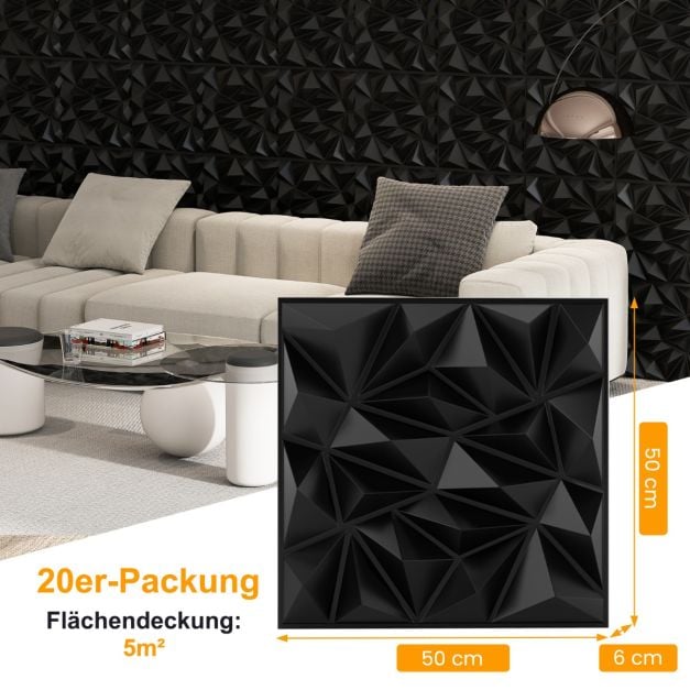 Coast 3D Wandpanelen Diamant – 40 Stuks van 50 x 50 cm – 10 m² – Zwart