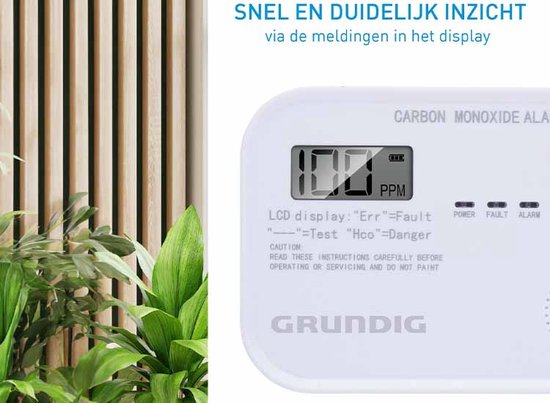 Grundig CO Melder - Koolmonoxidemelder 10 Jaar Batterij - Co Meter met LCD Scherm, Laag Batterij Niveau Alarm en Sensorfout Alarm - Co2 Melder 85dB Alarm - Wandmontage - Wit