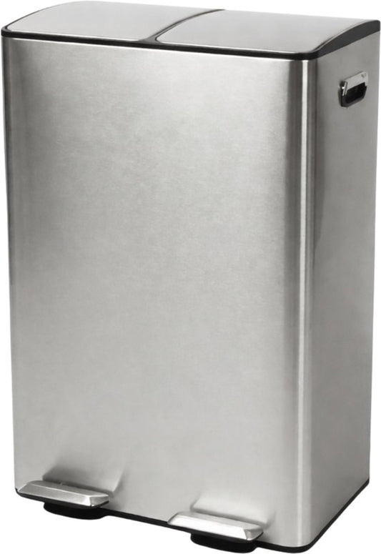 Bayt Prullenbak - Prullenbak 60 Liter (2x30) - Vuilnisbak 60 Liter - Pedaalemmer 60 Liter - Prullenbak Afvalscheiding - Prullenbak 2 Vakken - Afvalbak - RVS - Zilver