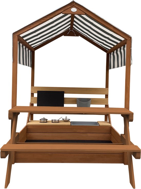 AXI Bo Zandbak & Speelhuisje 159 x 105 cm met Speelkeuken en Picknicktafel Bruin – FSC hout – Met Krijtbord en 6-delig Zandbak Accessoireset – Inclusief afdekzeil en gronddoek – 10 jaar garantie