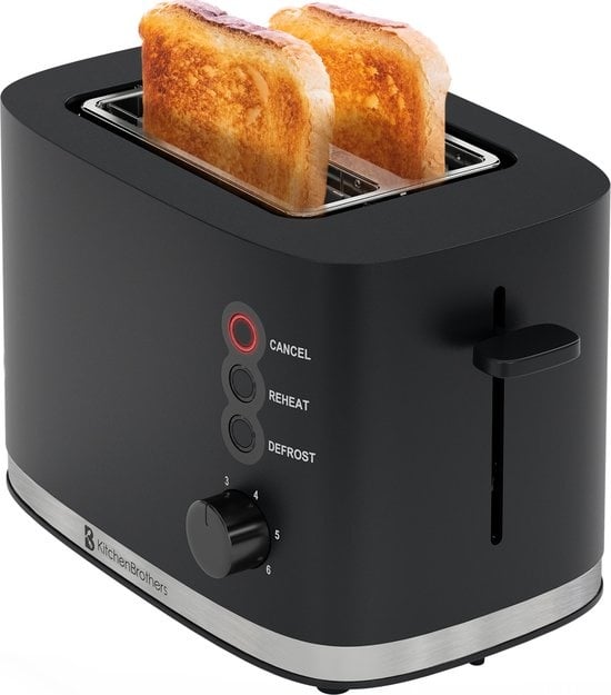 KitchenBrothers Broodrooster - Broodrooster - 6 Warmteniveaus - 2 Extra Brede Sleuven - 870W - Zwart
