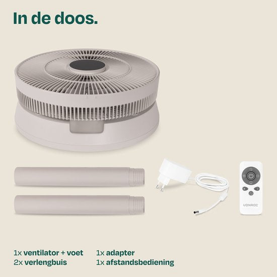 VONROC BREEZE Draadloze Ventilator – Fluisterstil (<44 dB) – 24 snelheden – lichtgewicht en draagbaar - 3 windmodi: Natuurlijk, Slaap, Normaal – Modulair: tafelventilator én vloerventilator – Luxe touch display – Incl. afstandsbediening – Beige