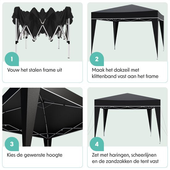 LifeGoods Partytent - Paviljoen - Easy Up - Opvouwbaar - Waterdicht - Met Draagtas - 300 x 300 cm – Zwart