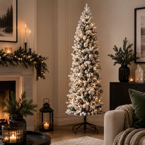 Black Box Trees Harma Slim Kerstboom met Sneeuw en Scharnierconstructie voor Snelle Montage - Kunstboom voor Kleine Ruimtes - Kerstversiering voor Binnenshuis - H185 x Ø63 cm - Groen Frosted