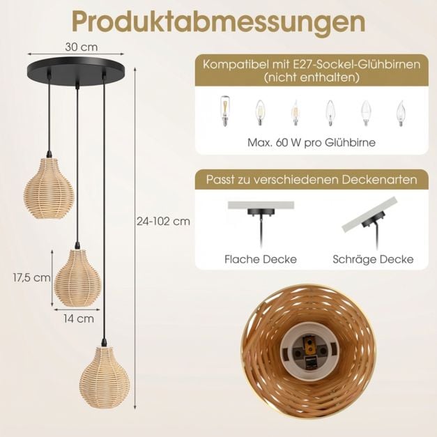 Coast 3-lichts Rotan Hanglamp – Verstelbaar 24-102 cm – Ø 30 cm – Zwart en Beige