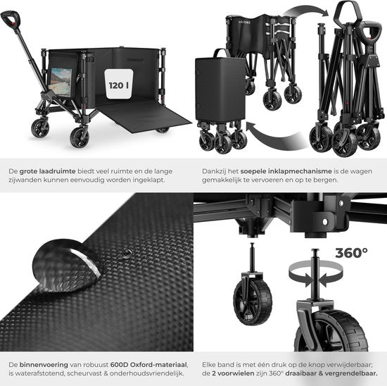 tectake® Bolderkar - Opvouwbaar - 60 kg Draagkracht - Draaibare Massieve wielen - 47 x 83 x 90 cm - Bolderkarren - Bolderwagen - Met Verstelbare Duwstang - Handkar - Waterafstotende Transportwagen - Met Legplank en Binnenvak
