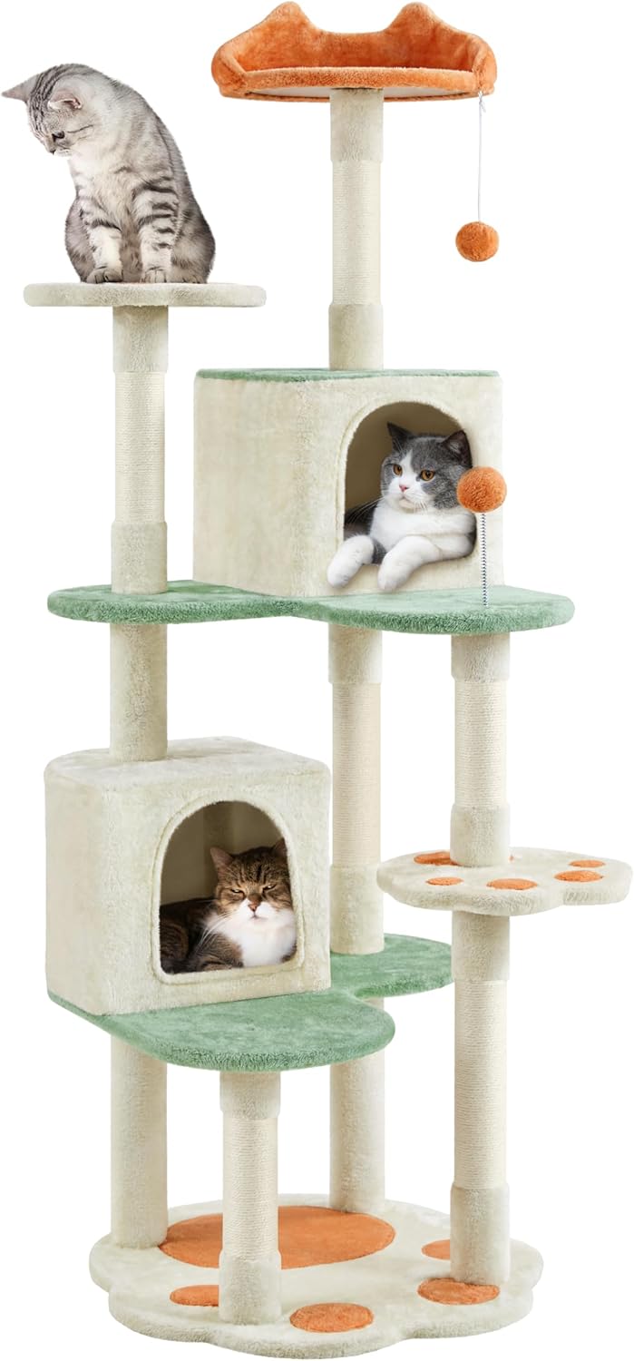Yaheetech Krabpaal met pootdesign en kattenhuisjes - 59,5 x 55,5 x 164 cm - Beige/groen