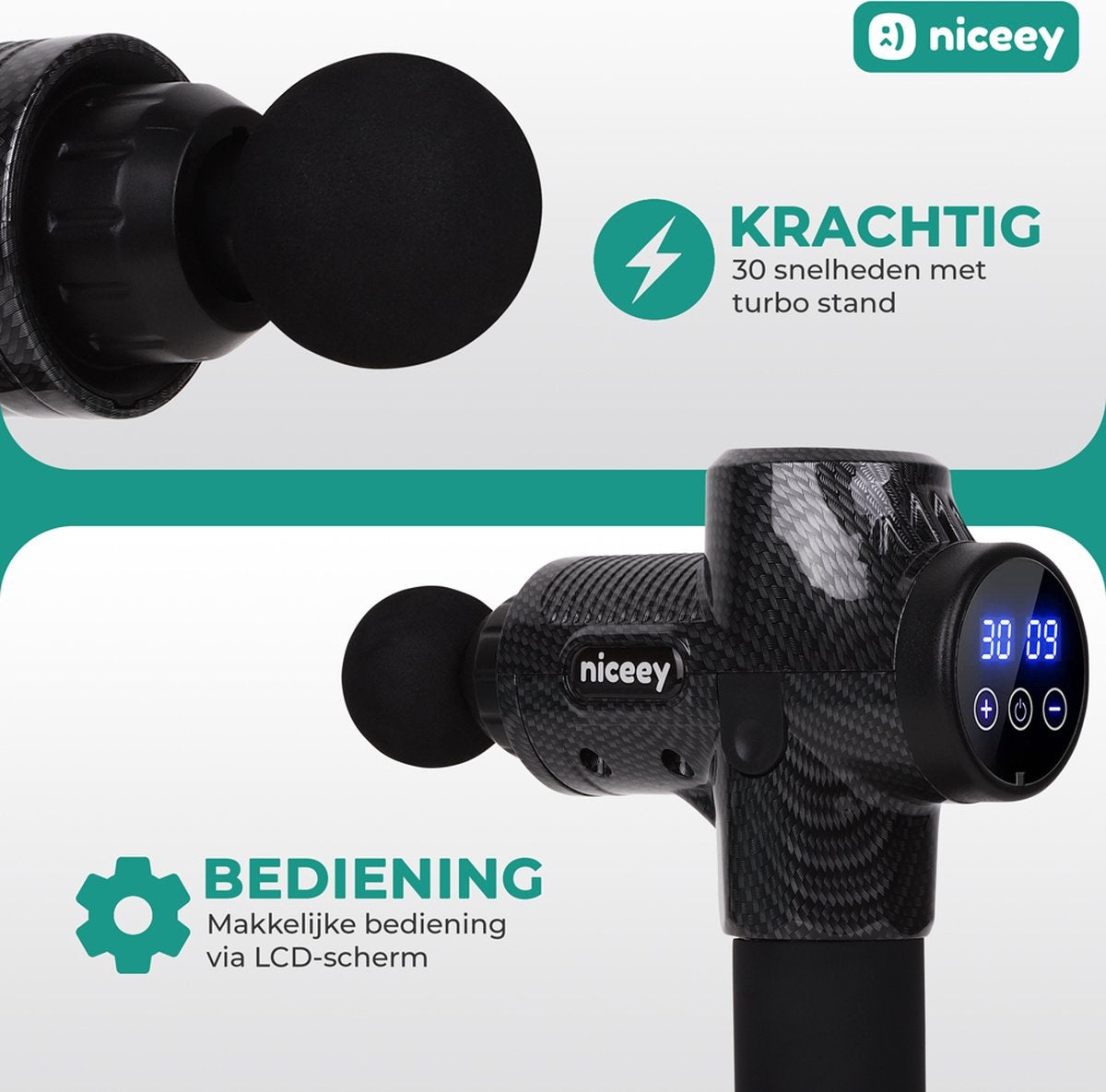 Niceey Massage Gun Pro - 30 Standen Draadloos - 6 Opzetstukken - Massage Apparaat Professioneel - Sport En Relax Massageapparaat - Fitness Spier Massage - Met Koffer - Zwart