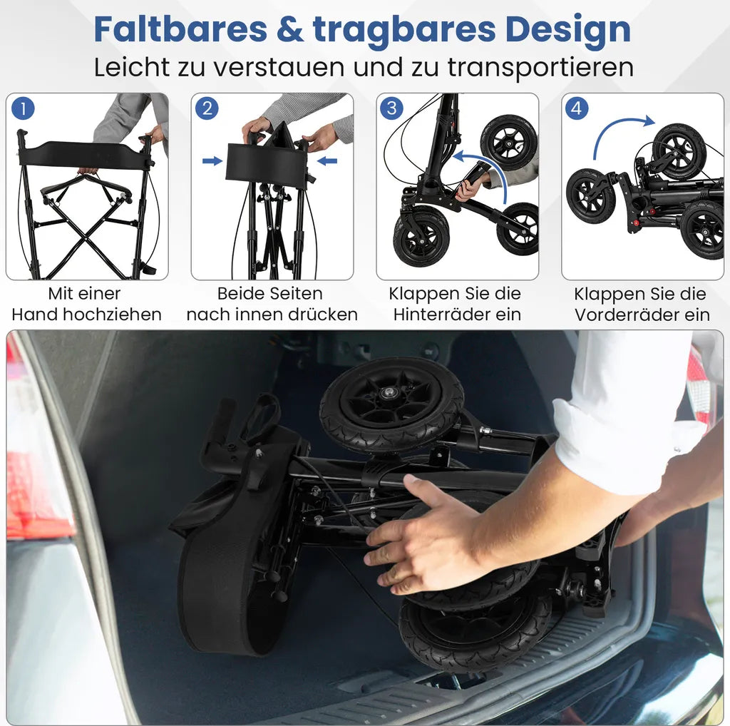 Coast Opvouwbare Rollator Zwart – 2-in-1 Reisrollator met Zitje en Luchtbanden – 62 x 82 x 81,5-97 cm