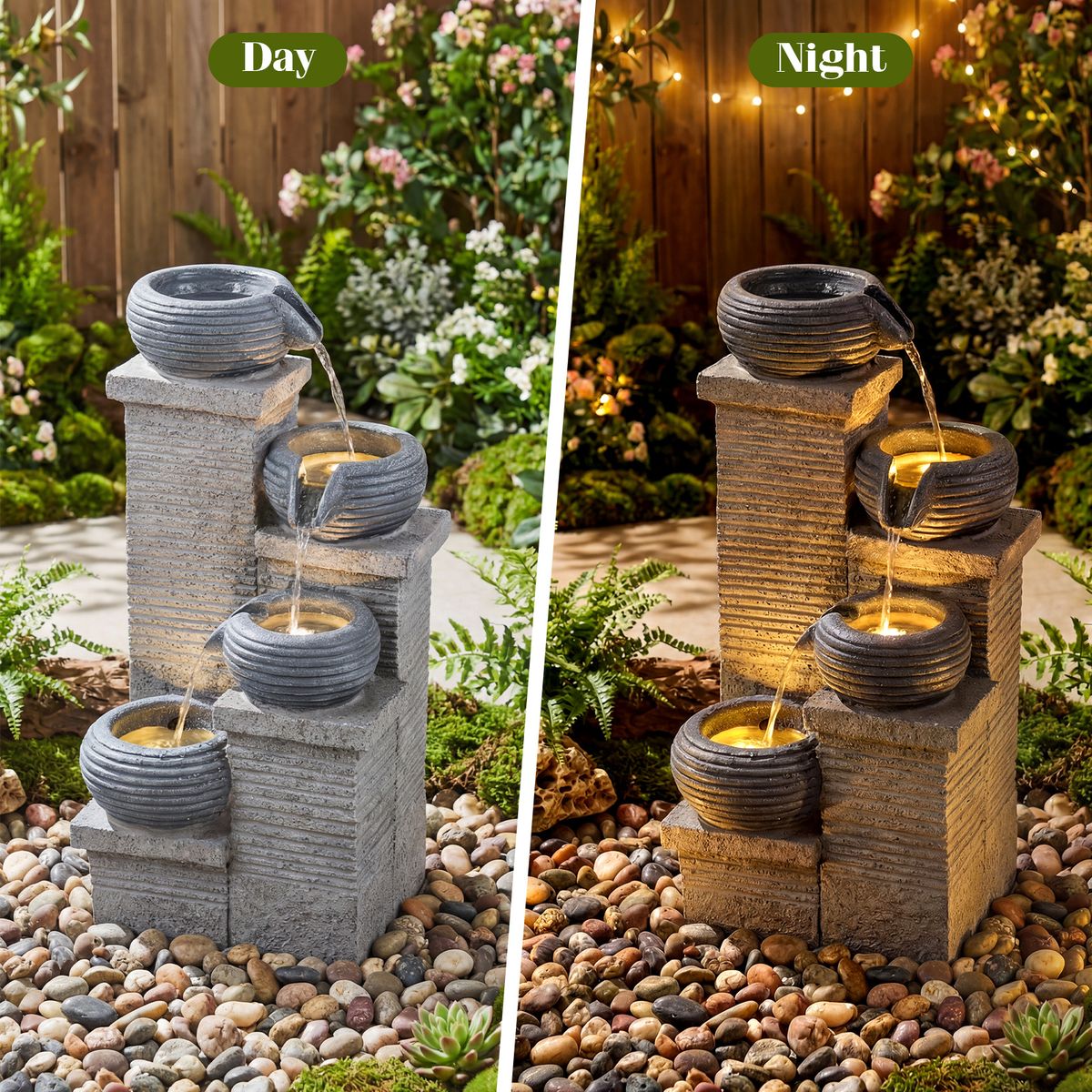 Coast Tuinfontein met LED-verlichting - Viertraps waterval - Kunsthars en glasvezel - Grijs 28 x 22 x 58 cm