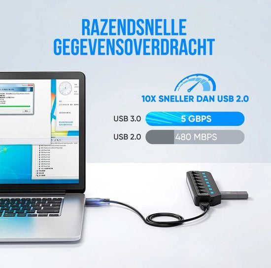 Strex USB 3.0 Hub - USB Splitter - 7 Poorten - 5Gbps - LED Indicatie - Aan/Uit Switch - 100CM Kabel