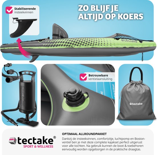 tectake® - Opblaasbare Kajak - Opblaasbare Kano voor 1 persoon met dubbele peddel en accessoires - Zitje, pomp, transporttas - Watersport - Roeiboot