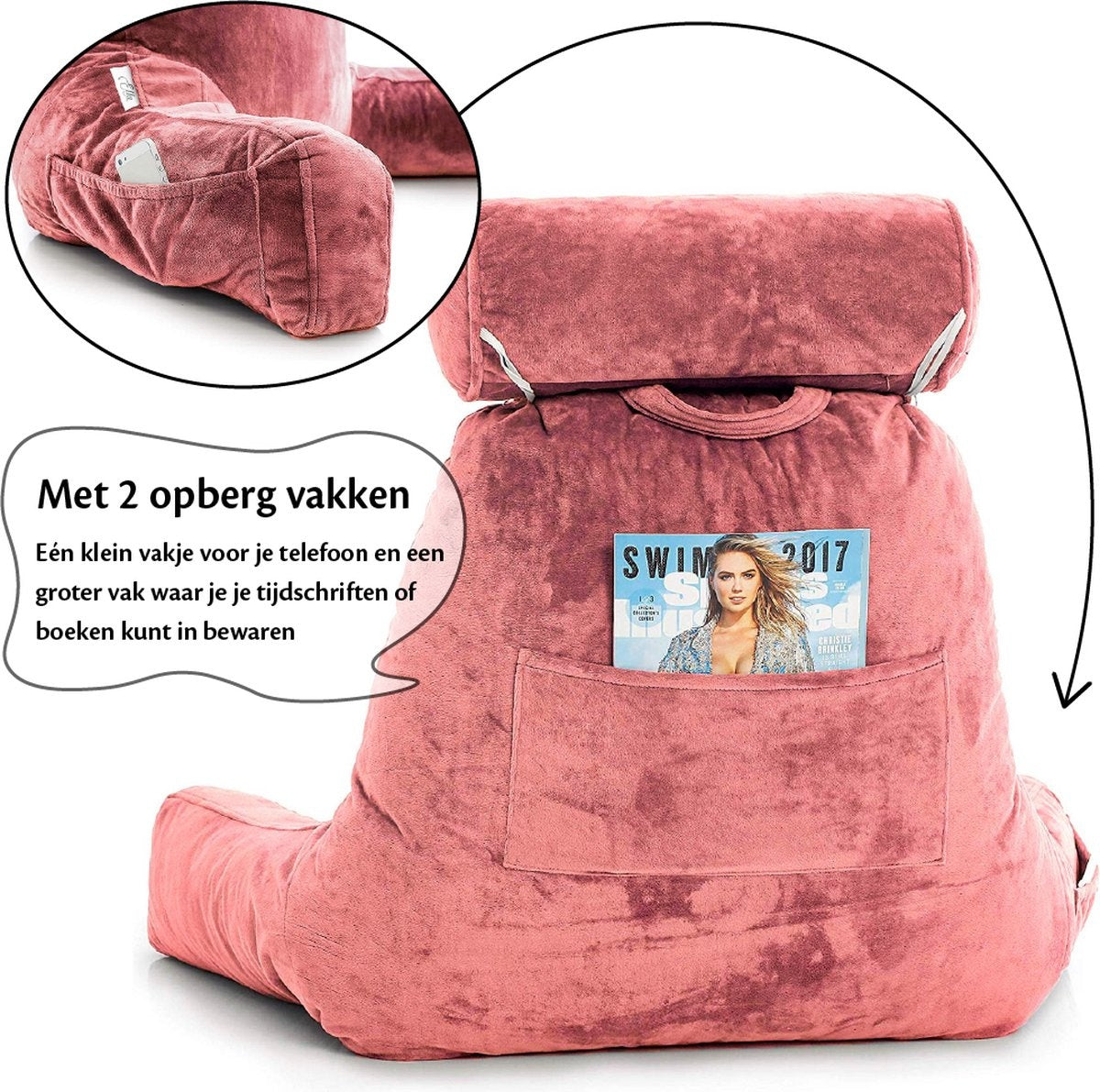 EL-Life Leeskussen met Nekrol - Relax Kussen - Zitkussen - Onderrug Ondersteuning - Fluweel Koraal Roze