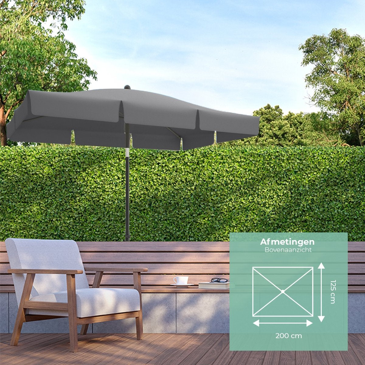 LifeGoods Parasol Vierkant – Incl. Hoes – 30° Kantelbaar – Donkergrijs – Verstelbaar tot 235 cm  - Zonder hoes Zwart