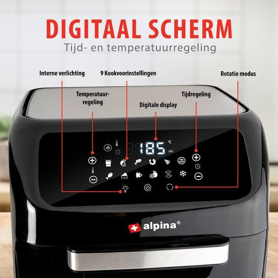 alpina Airfryer Oven 12L - Heteluchtfriteuse 1800W - Heteluchtoven met Bak en Grillfunctie
