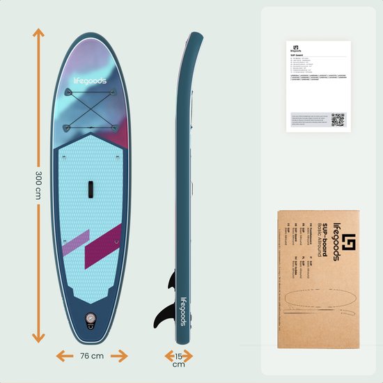 LifeGoods SUP Board Allround Compact - met Zitje - 100 KG Draagkracht - 300 x 76 cm - Opblaasbaar - Compleet SUP pakket - Blauw/Paars