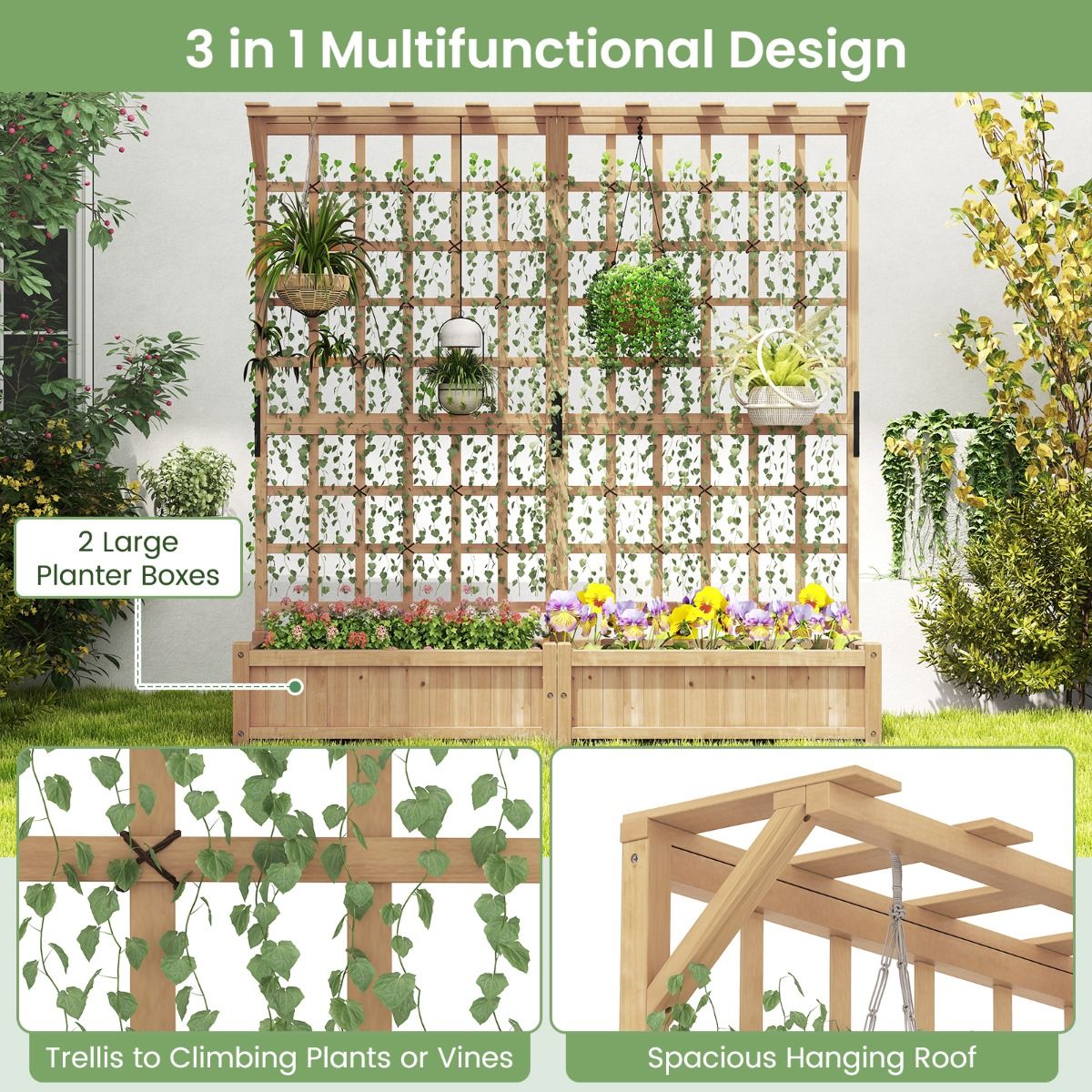 Coast Grote houten plantenbak met latwerk - 2 bloembakken - hangend dak - naturel