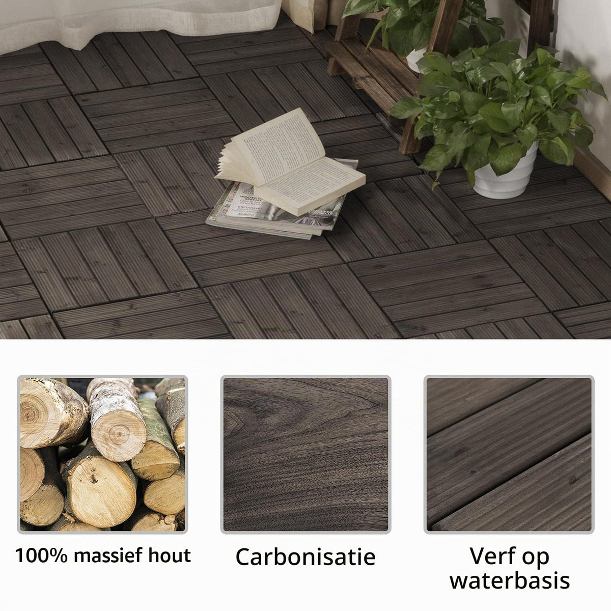 Yaheetech Houten Terrastegels 30 x 30 cm - 27 Stuks - 2,6 m² - Zwart